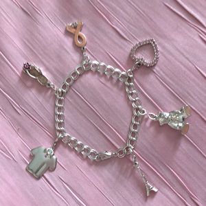 💞PINK Charm Bracelet!💝Rhinestones & Silver! Pink for Breast Cancer! Rare Find!